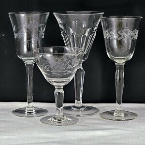 4 Mismatched Vintage Cocktail Glasses Etched Floral Romancic mixed drinks party